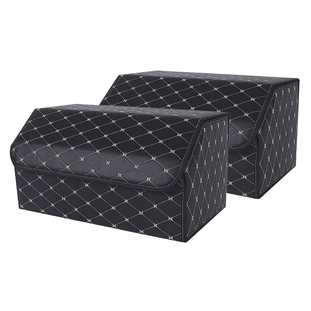 NNEAGS 2X Leather Car Boot Collapsible Foldable Trunk Cargo Organizer Portable Storage Box Black/Gold Stitch Large