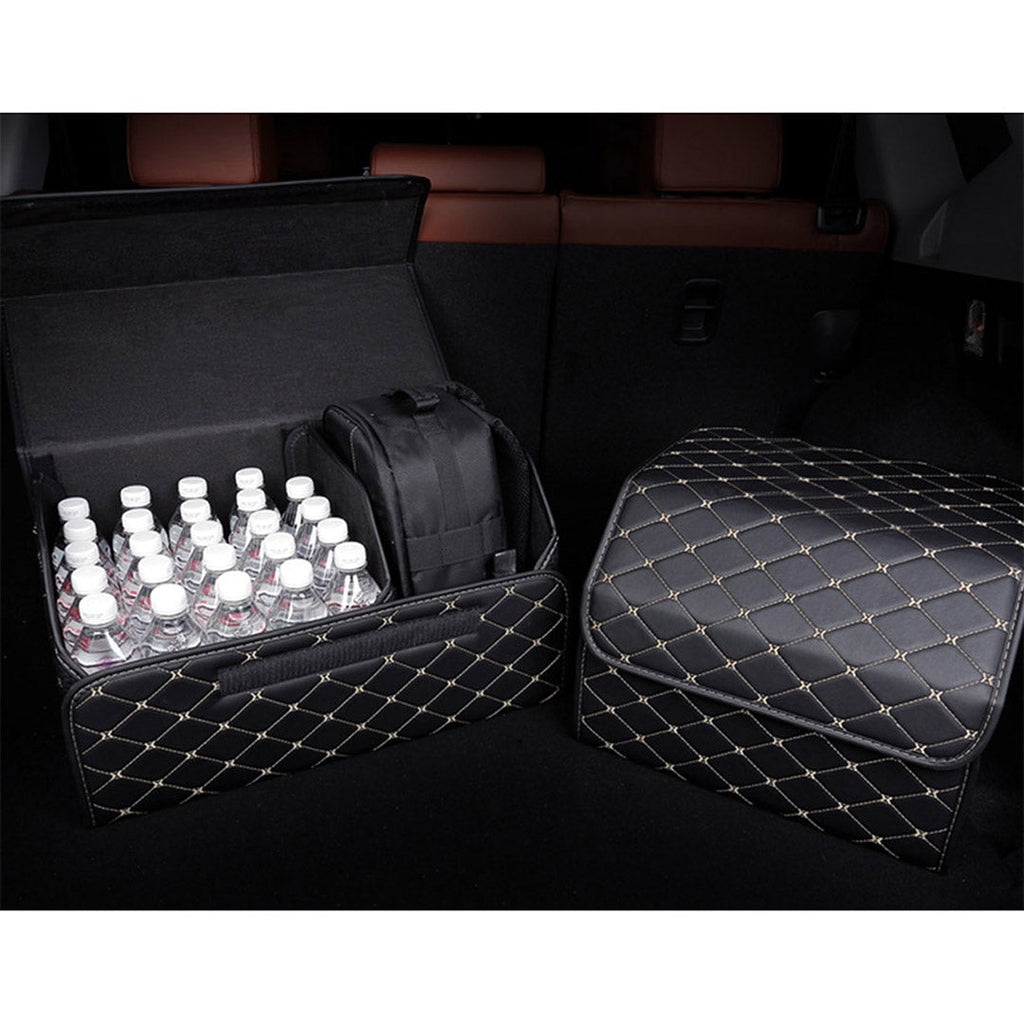 NNEAGS 2X Leather Car Boot Collapsible Foldable Trunk Cargo Organizer Portable Storage Box Black/Gold Stitch Large