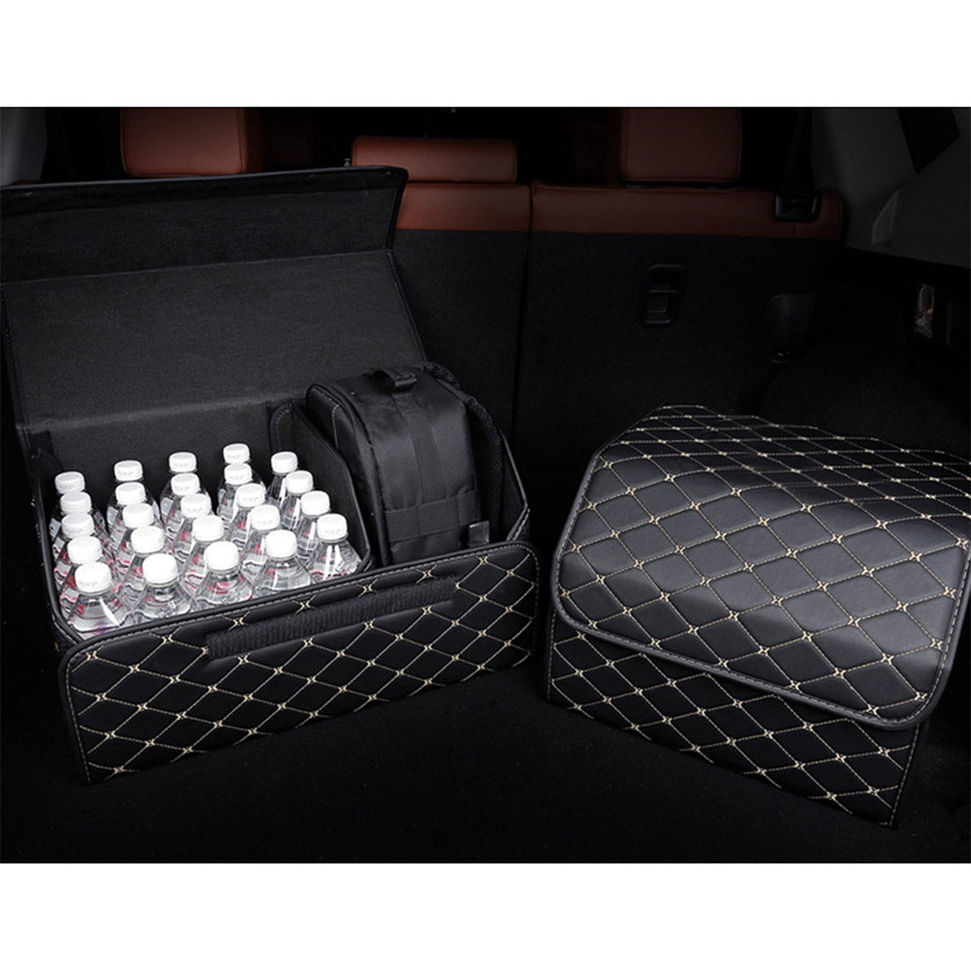 NNEAGS 2X Leather Car Boot Collapsible Foldable Trunk Cargo Organizer Portable Storage Box Black/Gold Stitch Large