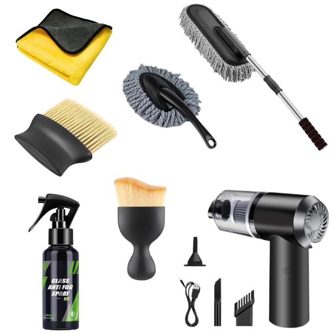 CONJEX 7 PCS Car Cleaning Kit with 3-in-1 Mini Vacuum Cleaner, Microfiber Cloth,Big Duster,Small Duster,Anti-Fog Spray,Wheel Brush&AC Vent Brush&Interior Dust Brush for velar,Truck,Bike Cleaning Tools