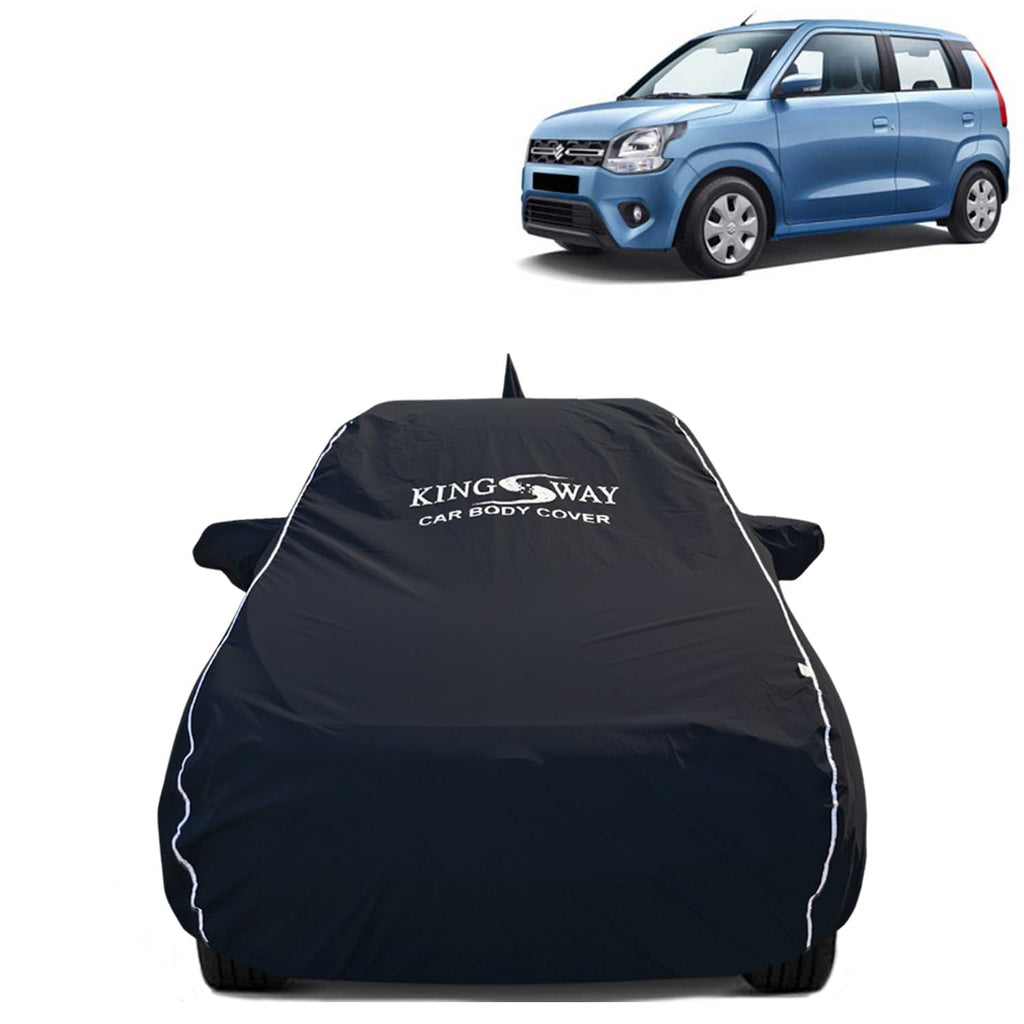 KINGSWAY Accessories Super Waterproof Car Cover Only with Maruti Suzuki Wagon R Year 2019 Onwards, Mirror and Antenna Pockets, All Weather Protection Body Cover with Silver Piping, Blue