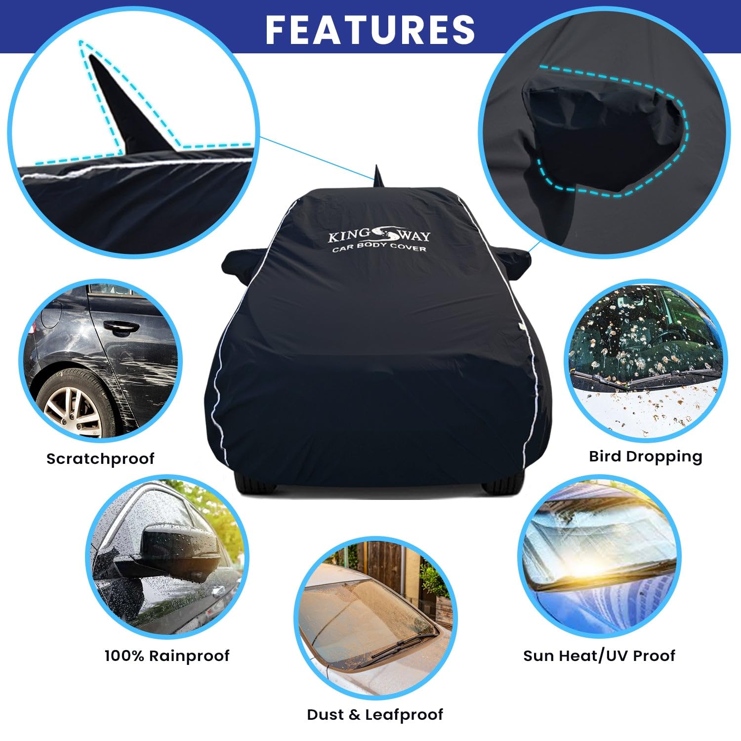 KINGSWAY Accessories Super Waterproof Car Cover Only with Maruti Suzuki Wagon R Year 2019 Onwards, Mirror and Antenna Pockets, All Weather Protection Body Cover with Silver Piping, Blue