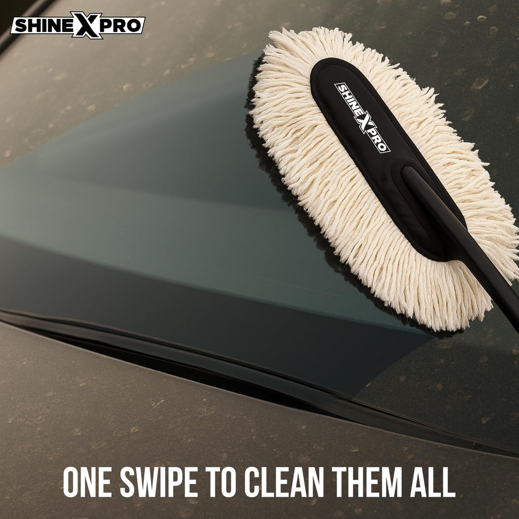 ShineXPro Car Duster - Lint-Free & Scratch-Free Car Cleaner Brush with Long Handle - Car Dust Cleaner features Paraffin Wax Coating for 2x better Cleaning Performance - Car Cleaning Brush for Exterior