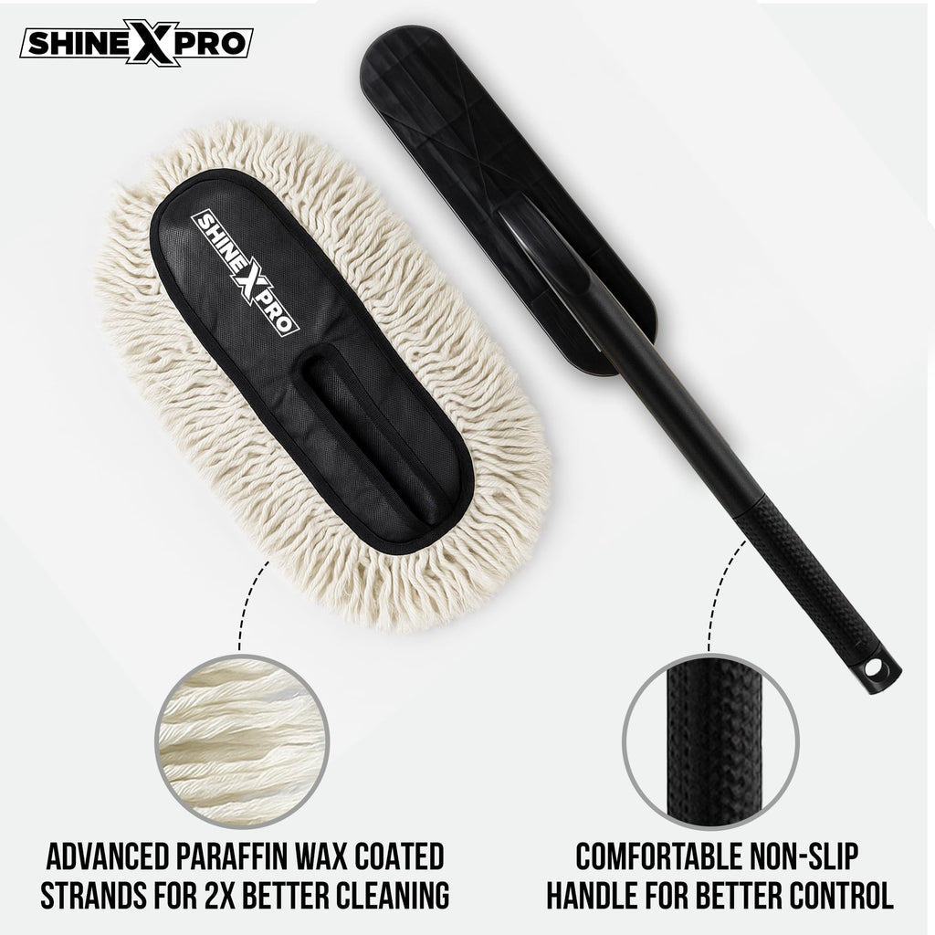 ShineXPro Car Duster - Lint-Free & Scratch-Free Car Cleaner Brush with Long Handle - Car Dust Cleaner features Paraffin Wax Coating for 2x better Cleaning Performance - Car Cleaning Brush for Exterior