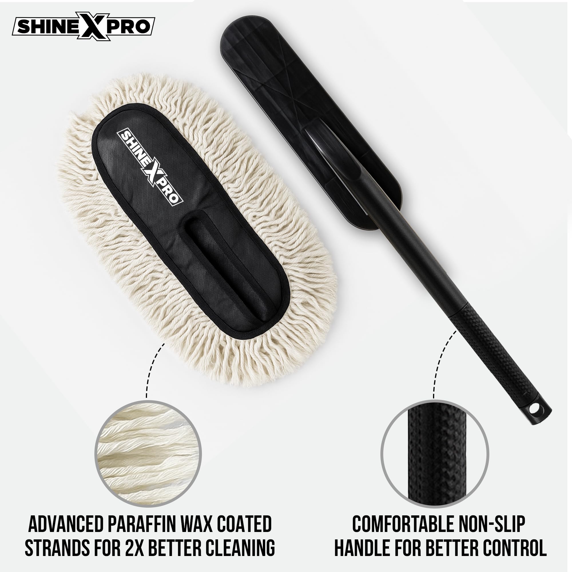 ShineXPro Car Duster - Lint-Free & Scratch-Free Car Cleaner Brush with Long Handle - Car Dust Cleaner features Paraffin Wax Coating for 2x better Cleaning Performance - Car Cleaning Brush for Exterior