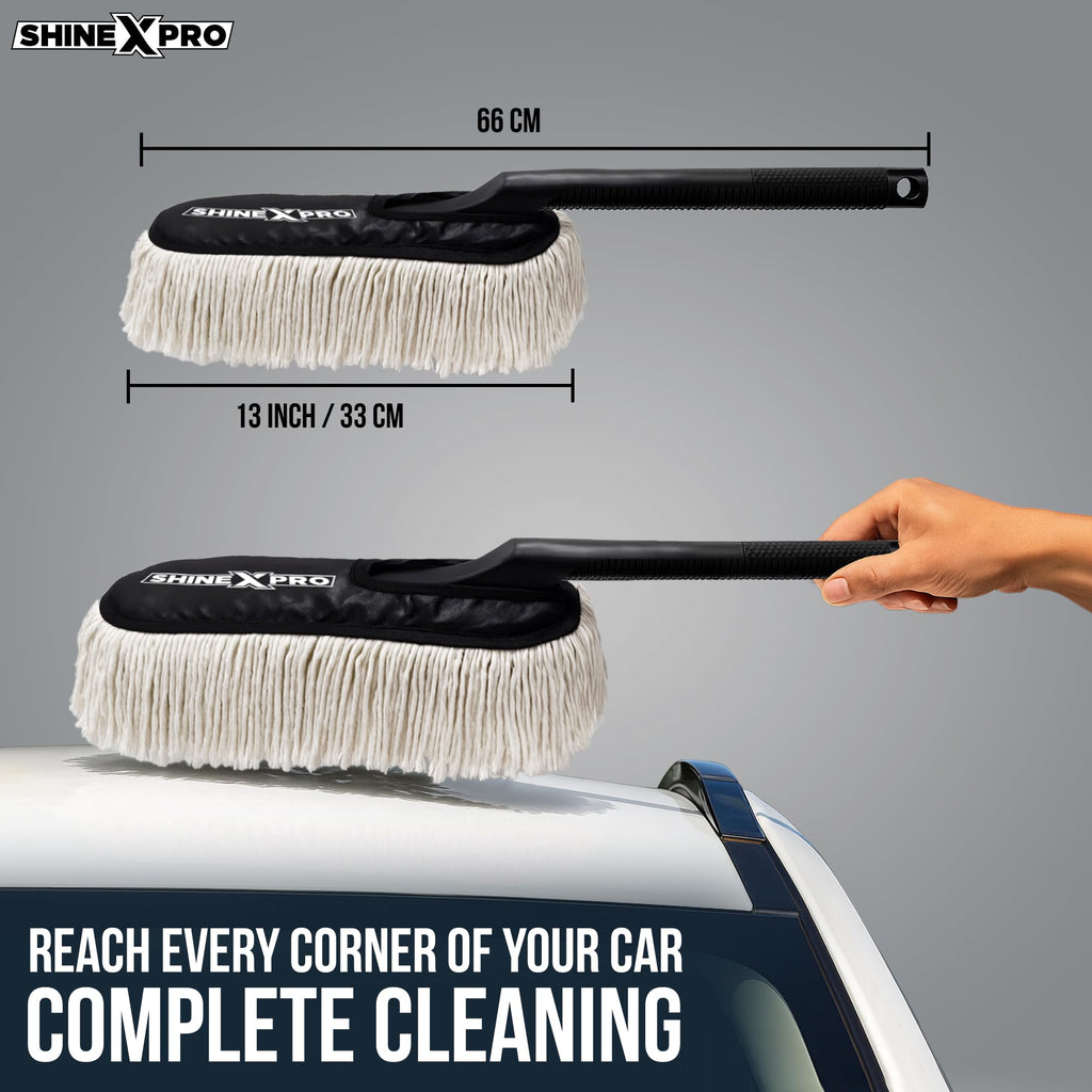 ShineXPro Car Duster - Lint-Free & Scratch-Free Car Cleaner Brush with Long Handle - Car Dust Cleaner features Paraffin Wax Coating for 2x better Cleaning Performance - Car Cleaning Brush for Exterior