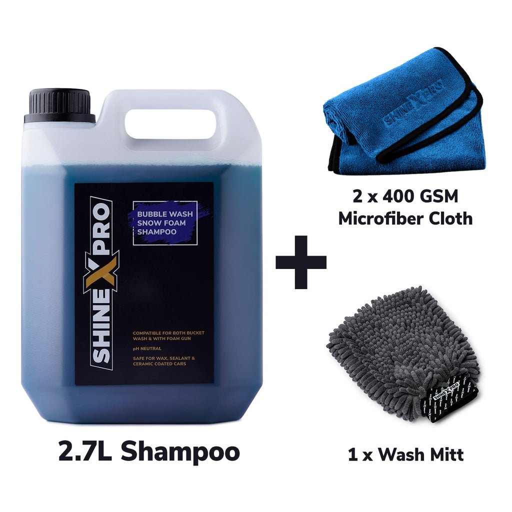 ShineXPro 2.7 Ltr Foam Car Wash Shampoo With 2Pcs 400GSM Microfiber Cloth & Wash Mitt - Thick Foam With Shine Enhancing Formula