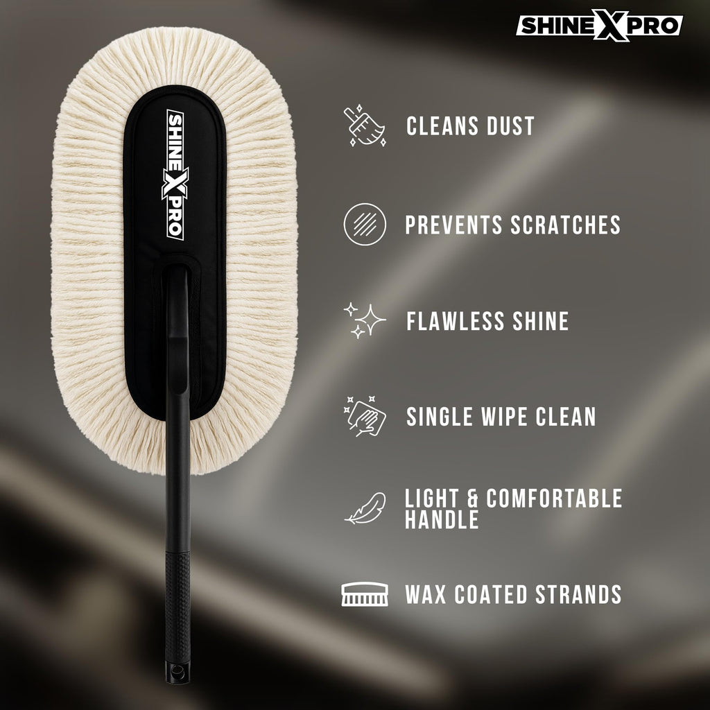 ShineXPro Car Duster - Lint-Free & Scratch-Free Car Cleaner Brush with Long Handle - Car Dust Cleaner features Paraffin Wax Coating for 2x better Cleaning Performance - Car Cleaning Brush for Exterior