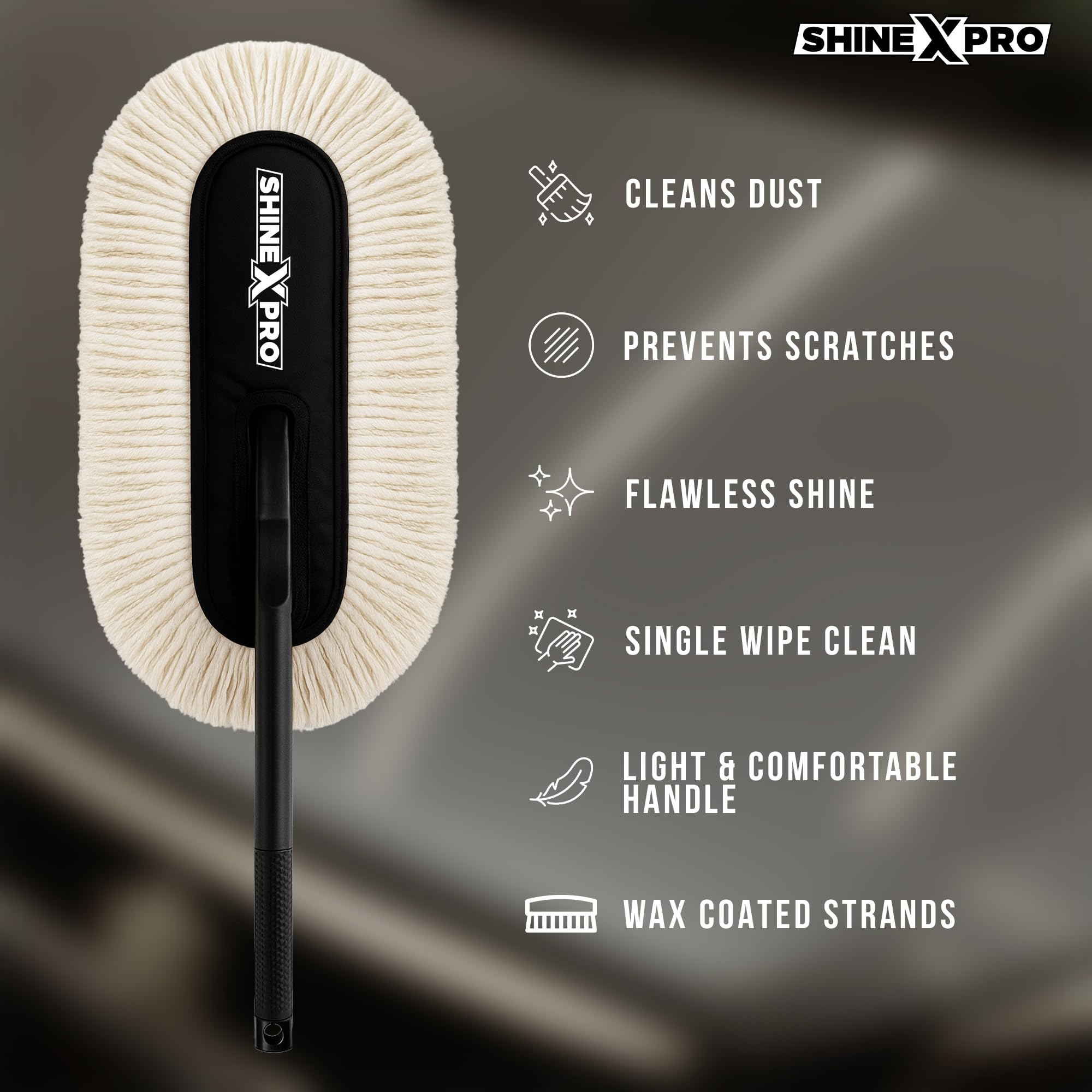 ShineXPro Car Duster - Lint-Free & Scratch-Free Car Cleaner Brush with Long Handle - Car Dust Cleaner features Paraffin Wax Coating for 2x better Cleaning Performance - Car Cleaning Brush for Exterior