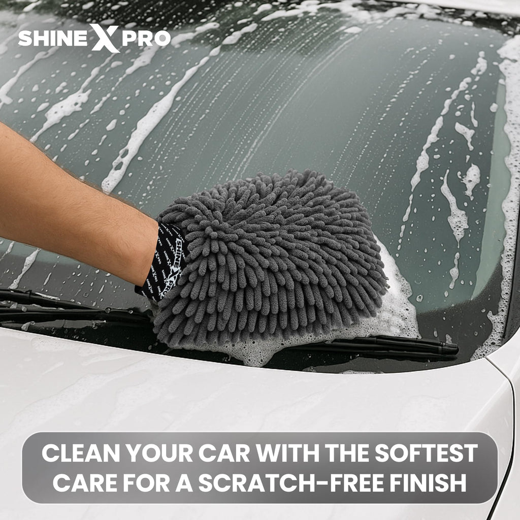 ShineXPro Chenille Microfiber Wash Mitt - Ultra Soft, Extra Plush, Dual Sided, Scratch Free and Super Absorbent Car Duster Gloves - Premium Car and Bike Washing Accessories