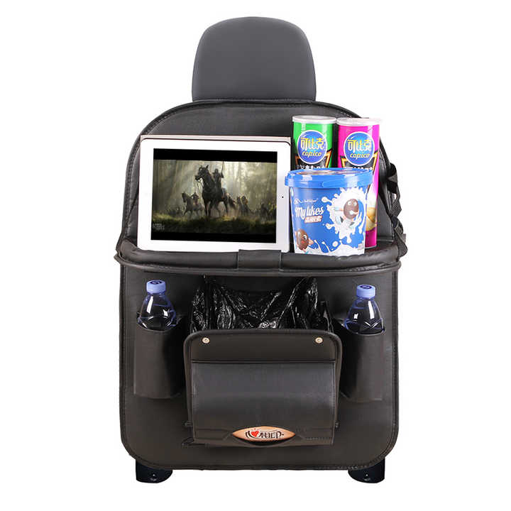 NNEDSZ Black Leather Car Backseat Organizer with Foldable Tray Table & Trash Bag - Multi-functional Car Storage Solution