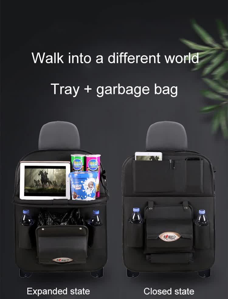NNEDSZ Black Leather Car Backseat Organizer with Foldable Tray Table & Trash Bag - Multi-functional Car Storage Solution