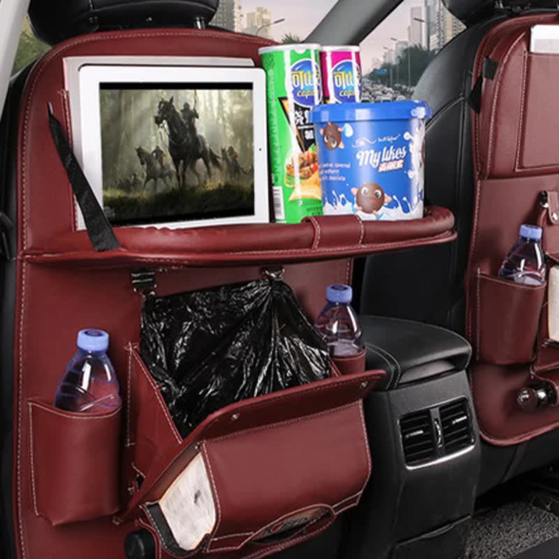 NNEDSZ Rose Madder Leather Car Backseat Organizer with Foldable Tray Table & Trash Bag - Multi-functional Car Storage Solution