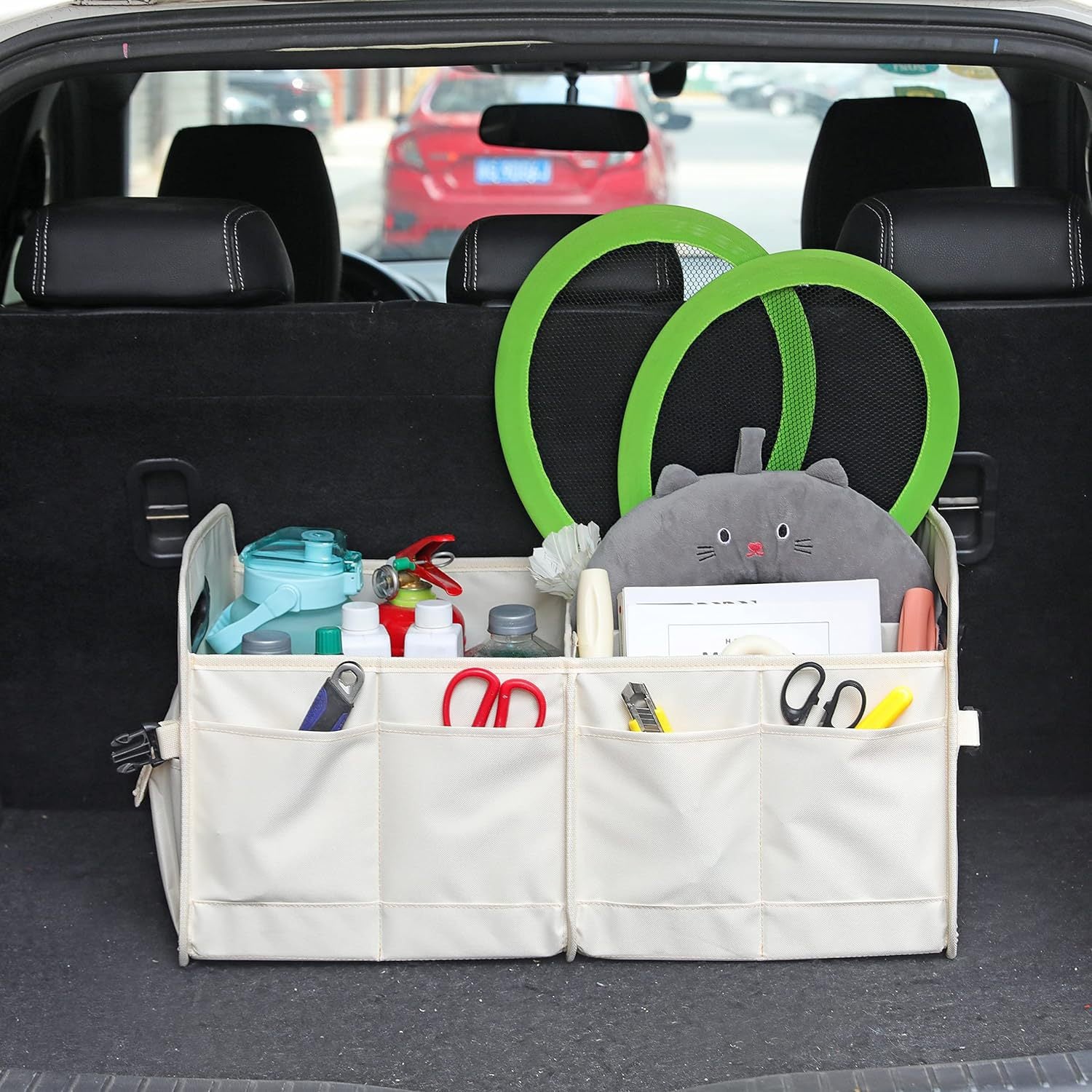 NNEDSZ Beige Foldable Car Storage Organizer Basket - 55x32x32cm with Handles, Easy to Fold